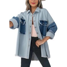 *Stay On-Trend With Our Trendy Shacket Jacket For Women. This Oversized Outerwear Features A Unique Color Blocking Design That Adds A Pop Of Style To Your Outfits. *Our Oversized Jean Jacket Women Features A Button Closure, Lapel, Frayed Raw Hemline, Long Sleeves, And Two Chest Pockets. The Distressed Look Adds A Stylish Touch. *The Color Block Fall Button Down Shirts For Women Is Made Of Soft And Durable Fabric,High Quality And Comfortable To Wear. *Pair It With Jeans And A Basic Tee For A Casu Trendy Light Wash Shacket For Fall, Blue Shacket With Pockets And Relaxed Fit, Blue Outerwear With Pockets And Relaxed Fit, Blue Patchwork Long Sleeve Outerwear, Fall Light Wash Shacket With Pockets, Oversized Blue Denim Jacket With Pockets, Fall Medium Wash Shacket With Pockets, Fall Light Wash Shacket With Button Closure, Light Wash Button Closure Shacket For Fall