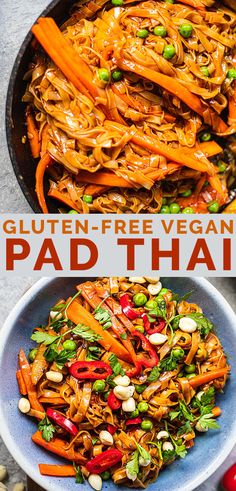 two pictures with the words gluten - free vegan pad thai