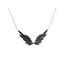 14K Yellow Gold Black Diamond Diamond Angel, Gold Wing, Angel Wing Necklace, Heart With Wings, Wing Necklace, Diamond Gold, Black Diamond, Gold Black, Gold Diamond