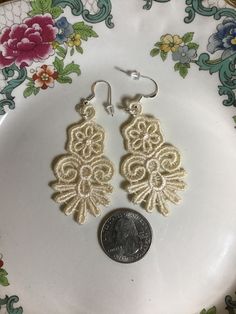 Lace Earrings Embroidered Earrings Dainty Earrings - Etsy Wedding Filigree Dangle Earrings, Anniversary Filigree Dangle Earrings, Ornate Filigree Dangle Bridal Earrings, Festive Ceremonial Filigree Earrings, Eagles Colors, Bohemian Embroidered Drop Earrings, Lace Earrings, Earring Crafts, Dainty Earrings