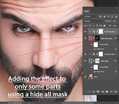a man's face with the words adding the effect to only some parts using a hide all mask