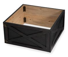 a wooden box with an open lid on the bottom and side panel is shown in black