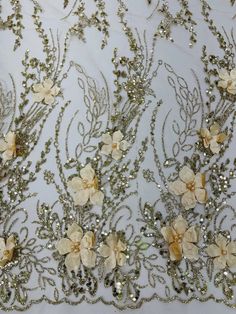 3D Floral Glitter Fabric   This dazzling lace is adorned with 3D floral patterns, glittering... Prom Attire, Flower 3d, Sequins Fabric, Scuba Fabric, Gowns Prom, Wedding Fabric, Faux Fur Fabric, Organza Fabric, Fabric Beads