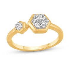 Show your eye for clever fashion when you choose this diamond hexagon duo ring in 14K gold. Fashioned in 14K gold Multi-sized round diamonds shimmer in a hexagon-shaped composite. A single 1/20 ct. diamond in a hexagon-shaped frame punctuates the other side of the shank. This asymmetric ring shines with 1/3 ct. t.w. of diamonds. Hexagon Yellow Gold Diamond Ring, Yellow Gold Hexagon Diamond Ring, Hexagonal Yellow Gold Diamond Ring, Hexagon Diamond Ring For Promise, Gold Diamond Hexagon Ring, Hexagon Shape, 3 Carat, Women Rings, Round Diamonds