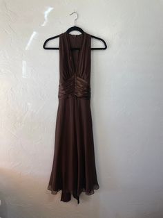 gorgeous, early 2000's chocolate brown real silk sleeveless tie back dress with sheer overlay  extra long ties  excellent condition, very clean  by: Donna Morgan  labeled a size 12 lying flat: bust: 18" waist: 16" length: 45" Brown Chiffon Party Dress, Elegant Brown Chiffon Dress, Fitted Brown Chiffon Dress, Elegant Brown Halter Neck Dress, Formal Brown Dress With Fitted Bodice, Sleeveless Silk Brown Dress, Sleeveless Brown Evening Dress, Brown Sleeveless Evening Dress, Dress With Sheer Overlay