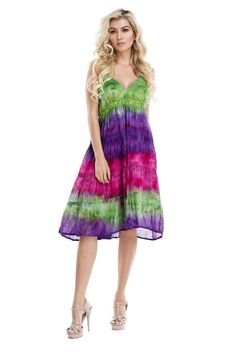 Multi Color Tie-Dye Sleeveless Beach Dress - Hot Boho Resort & Swimwear Colorful V-neck Mini Dress For Summer, Summer Sleeveless Purple Sundress, Casual Multicolor Sleeveless Summer Dress, Multicolor Sleeveless Summer Dress, Purple V-neck Beach Dress For Summer, Purple Sleeveless Dress For Spring Beach Occasions, Purple Sleeveless Dress For Beach And Spring, Purple Sleeveless Dress For Beach In Spring, Tropical Multicolor Sleeveless Beach Dress