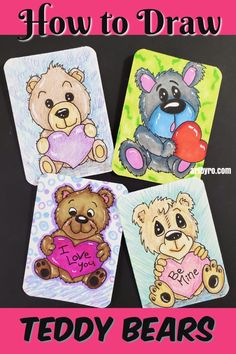 four teddy bears painted on coasters with the words how to draw in front of them