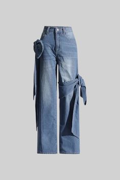 Wide Leg Jeans with Bow Details - Blue Chic Denim Cargo Jeans, Trendy Spring Bottoms With Bow Detail, Chic Denim Blue Cargo Jeans, Bow Jeans Outfit, Unique Jeans For Women, Bow On Jeans, Ashanti Fashion, Lv Jeans, Jewel Jeans