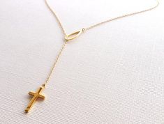 Lariat Cross Necklace in Sterling Silver (18K Yellow Gold Plating), Cross Jewelry Spiritual Sterling Silver Lariat Necklace Gift, Classic Gold Lariat Necklace Perfect For Gifts, Elegant Cross Lariat Necklace As A Gift, Elegant Cross Lariat Necklace Gift, Elegant Cross Lariat Necklace For Gift, Elegant Cross Pendant Lariat Necklace With Adjustable Chain, Elegant Cross Lariat Necklace With Adjustable Chain, Classic Sterling Silver Lariat Necklace Gift, Elegant Cross-shaped Lariat Necklace With Adjustable Chain