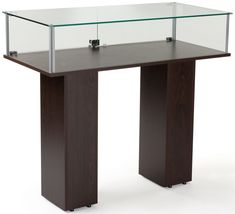 a black table with two glass shelves on top and one shelf under the countertop