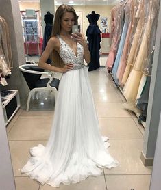 White V-neck Wedding Dress With Sweep Train, Sheer Bodice V-neck Evening Dress For Prom, V-neck Evening Dress With Sheer Bodice For Prom, Sheer Bodice V-neck Dress For Prom, V-neck Dress With Sheer Bodice For Prom, White V-neck Evening Dress For Prom Season, V-neck Evening Dress With Lace Back For Prom, V-neck Evening Dress With Lace Back, V-neck Lace Bodice Prom Gown