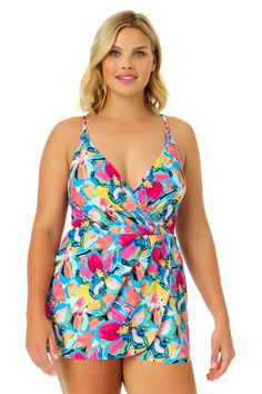 Amalfi Floral Swim Dress With Skirted Swim Bottom – Anne Cole Multicolor Tankini With Built-in Bra For Swimming, Multicolor Tankini With Built-in Bra For Beach, V-neck Lined Tankini For Vacation, Spring Vacation Swim Dress With Built-in Bra, Printed V-neck Tankini For Beach Party, V-neck Swim Dress For Vacation, Tropical Multicolor Swimwear With Built-in Bra, Lined Tankini For Beach Season Vacation, Summer Vacation Tankini Lined