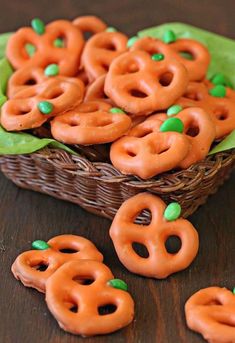 some pretzels are sitting in a basket on a table