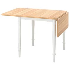 a wooden table with two legs and a drawer on the top, against a white background