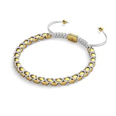 The Catena Links Bracelet is handcrafted with gold-finished links and is hand-strung on an adjustable nylon cord. Each bracelet includes a matching gold-finished NOGU logo plate. With its adjustable nylon cord, this bracelet is one size fits all. Finish: Gold. Cord Color: White. Cord Style: Adjustable Nylon. Base: Stainless Steel. Adjustable Modern Braided Bracelets, Adjustable Yellow Gold Braided Bracelet For Everyday, Casual Gold Resizable Beaded Bracelets, Adjustable Gold Woven Bracelet, Adjustable Woven Gold Bracelets, Adjustable Woven Gold Friendship Bracelets, Gold Casual Braided Bracelets With Adjustable Length, Casual Gold Braided Bracelet With Adjustable Length, Adjustable Gold Jubilee Friendship Bracelet