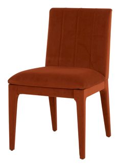 an orange chair with wooden legs and a seat cushion on the back, against a white background