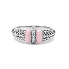 Diamonds set in sterling silver are accented by a pop of pink ceramic and Caviar beading on this every day ring. LAGOS diamonds are the highest quality natural stones. Elegant Pink Ring With Diamond Accents, Elegant Stackable Rings With Stones, Pink Enamel Ring For Anniversary, Pink Diamond Ring In Sterling Silver, Pink Diamond Rings With Diamond Accents, Pink Stone Ring Jewelry, Pink Sterling Silver Jewelry With Stones, Luxury White Gold Rings With Stones, Elegant Pink Stackable Rings With Accent Stones