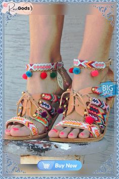 Ethnic Style Pom Lace-up Casual Flat Sandals Multicolor Ankle Strap Sandals For Vacation, Bohemian Closed Toe Sandals For Festival, Bohemian Sandals For Summer Outings, Bohemian Sandals For Spring And Summer, Bohemian Sandals With Tassels For Vacation, Bohemian Adjustable Sandals For Summer Outings, Bohemian Lace-up Closed Toe Sandals For Summer, Adjustable Bohemian Sandals For Summer Outings, Bohemian Open Toe Sandals For Summer