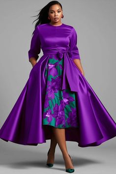 Xpluswear Design Plus Size Formal Red Floral Round Neck 3/4 Sleeve Peplum Satin Midi Dresses - Xpluswear Dark Purple Mother Of The Bride Dress, Purple Dresses For Women, 2 In 1 Dresses, Purple Dress Formal Classy, Purple Plus Size Dresses, Plus Size Special Occasion Dresses, Royal Purple Wedding, Satin Midi Dresses, Mother Of The Bride Looks