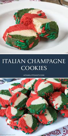 italian champagne cookies on a white plate with green and red icing in the middle