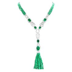 An exquisite necklace in Art Deco design, so refined, particular, a very adorable style. Necklace come in 18K gold with emeralds beads , and 40 pieces of Natural Zambian Emeralds, extra fine quality, spectacular color , in perfect cabochon oval cut , of 40,50 carats, and 774 pieces of natural diamonds in round brilliant cut , of 5,50 carats, F color VS clarity, very sparkly. Piece of high jewelry. Handcrafted by artisan goldsmith. Excellent manufacture and quality of stones . Complete with AIG report. Whosale price . Note : on my shipment, no taxes. Exquisite Green Diamond Necklace For Formal Occasions, Elegant Emerald Diamond Cut Necklace, Luxury Emerald Gemstone Necklace For Formal Occasions, Luxury Emerald Necklace For Anniversary, Formal Emerald Necklaces With Diamond Cut, Luxury Diamond Cut Emerald Necklace For Anniversary, Luxury Green Diamond Necklace For Anniversary, Art Deco White Gold Necklace With Gemstone, Hand Set Emerald Necklaces For Formal Occasions