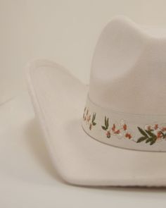 Cream Floral Embroidered Strap Cowboy Hat - Cindy Jane Boutique - Hats White Adjustable Felt Hat With Curved Brim, White Adjustable Curved Brim Felt Hat, White Western Felt Hat For Kentucky Derby, White Flat Brim Hat For Ranch, White Western Felt Hat With Curved Brim, Western White Felt Hat With Curved Brim, White Western Felt Hat For The Beach, White Brimmed Country Hat, White Wide Brim Felt Hat For Rodeo