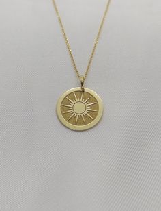 WE SHIP ALL PARCELS IN ONE BUSINESS DAY FOR FREE AND PROVIDE THE SPEEDIEST DELIVERY! Engraved Sun Design Necklace - Sun Pendant Necklace - Handmade Sun Gold Jewelry - Engraved Sun Gold Necklace Engraved Sun Pendant Necklace made out of 14K Solid Gold. Available only in Yellow Gold finish. An elegant piece of jewelry that is a perfect gift to yourself and your loved ones. Add your engraved personalization at the back of the pendant. Contact us with a clear vector design. Dimensions : Small - 13x1 Sunburst Necklace, Sun Jewelry, Necklace Sun, Sun Necklace, Sun Design, Sun Pendant, Sun Designs, Jewelry Minimalist, Gold Sun