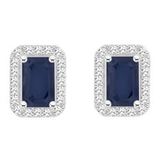 6x4mm emerald cut sapphire 1/5 ctw diamond rhodium over sterling silver halo stud earrings. Measures approximately 0.35" L x 0.27" W and have post with friction backings. Classic Sapphire Jewelry With Pave Setting, Classic Jewelry With Diamond Accents And Lab-created Sapphire, Silver Emerald-cut Gemstone Earrings, Baguette Cut Jewelry With Pave Setting As A Gift, Baguette Cut Jewelry With Pave Setting For Gifts, Silver Cubic Zirconia Earrings With Accent Stones, Fine Sapphire Jewelry With Pave Setting, Emerald Cut Sterling Silver Jewelry With Halo Setting, Rectangular Sapphire Cubic Zirconia Jewelry