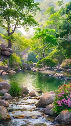 a painting of a river surrounded by rocks and flowers