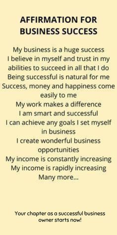 an affirmation for business success is shown in the bottom right corner, and below it