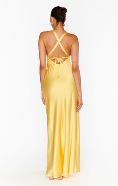 Check out Anderson Maxi Dress. Get $10 off + free shipping with Club Mumu. Greek Wedding Dress Guest, Yellow Maxi Dress For Summer Prom, Yellow Silk Prom Dress, Satin Yellow Bridesmaid Dresses, Butter Yellow Dress, Prom Dresses Halter Top, Yellow Satin Spring Dress, Light Yellow Prom Dress, Yellow Satin Prom Dress