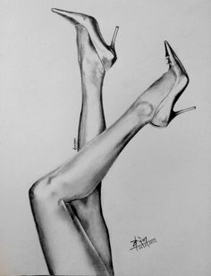 a pencil drawing of a woman's legs with her shoe on top of her leg