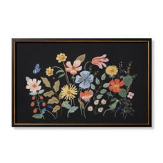 a painting with flowers and butterflies on black paper, framed in gold trimmings