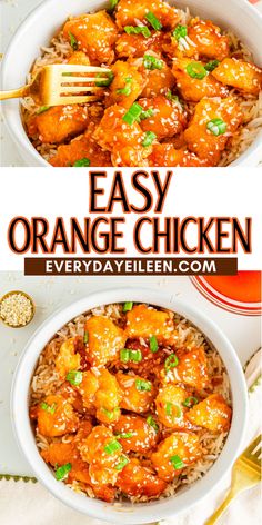 orange chicken in a bowl with rice and garnish