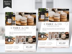 two flyers for candle and co on a table with candles in the middle, one is white