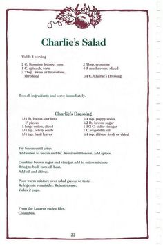 the menu for charlie's salad