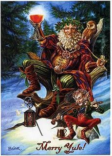 an image of santa claus on his sleigh in the snow with two elves