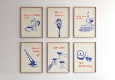 four framed art pieces with different types of kitchen related items on them, hanging on the wall