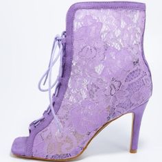 These Sweet Booties Are The Perfect Way To Transition Into Spring! Features An Open Toe Paired With A Closed Back. A Lace Upper And A Lace Up Front. Single Sole Styling And A Stiletto Heel. Spring Lace Heels, Fitted Lace Heels For Spring, Purple Lace-up Heels For Spring, Fitted Purple Heels For Summer, Fitted Lace-up Heels With Laces, Feminine Lace-up Fitted Heels, Feminine Lace-up Heels, Fitted Open Toe Heels With Laces, Fitted Lace Open Toe Heels