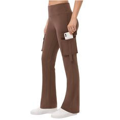 Introducing our Women's High Waist Bootcut Pants with Thigh Pocket, featuring a cargo style design that combines functionality and style. These solid and stretchy sport pants are perfect for everyday wear and athletic activities. Crafted from 80% polyester and 20% spandex, these pants offer a comfortable and flexible fit. Available in three versatile colors: Black, Army Green, and Brown, these bootcut athletic pants cater to a variety of preferences. The sizes range from S=4-6, M=8-10, L=12-14, Cargo Pants For Women, Female Features, Cargo Leggings, Flare Yoga Pants, Black Army, Pants Cargo, Bootcut Pants, Cargo Style, Women Cargos