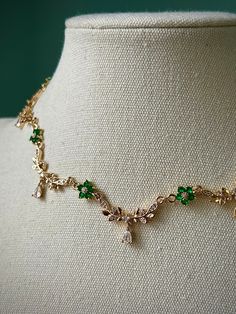 Gold Teardrop Green Flower Choker Necklace, Elegant Emerald Regency Jewelry, Royal Delicate Leafy Vine Choker, Pretty Fairycore Tudor Charm - Etsy Gold Jewelry Green, Green Delicate Flower Jewelry, Green Flower Pendant Necklace For Wedding, Delicate Green Necklace For Wedding, Green Clavicle Chain Necklace For Wedding, Dainty Green Jewelry With Flower Charm, Green Flower-shaped Dainty Necklace, Delicate Green Flower Pendant Jewelry, Dainty Green Flower Pendant Jewelry