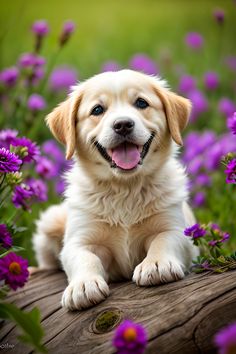 a white and brown dog laying on top of a wooden bench surrounded by purple flowers