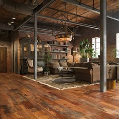 a living room with wooden floors and exposed ceilings