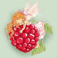 a little fairy sitting on top of a bunch of cherries