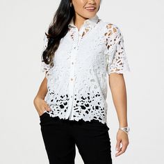 WynneCollection Abstract Floral Lace Top Top off any outfit with fresh spring vibes. Paired with skinny jeans, a cami and your favorite jewelry, this short-sleeve, button-down woven crochet lace shirt completes your look. Spring Stretch Blouse, Stretch Blouse For Spring Vacation, Feminine Spring Blouse With Stretch, Feminine Stretch Blouse For Spring, Spring Short Sleeve Stretch Blouse, White Spring Tops For Daytime, White Tops For Daytime In Spring, Short Sleeve Blouse For Daytime In Spring, White Blouse For Daytime In Spring