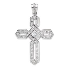 Sterling Silver CZ Cross Pendant Silver Fine Jewelry With Diamond Cut, Silver Diamond Cut Fine Jewelry, Timeless Silver Cross Pendant Necklace, Silver Brilliant Cut Cross Pendant Jewelry, Diamond White Cross Jewelry With Pave Setting, Luxury Cubic Zirconia Cross Jewelry, Elegant Diamond White Cross Jewelry, Luxury Cross-shaped Diamond Jewelry, Sterling Silver Cross Jewelry With Diamond Cut