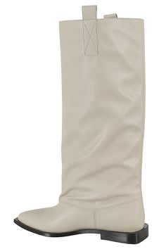 Western Wide Slouchy Flat Tubular boot - Ganni - safari color - recycled leather upper - flat heel - pointed design Beige Leather Knee-high Boots With Pointed Toe, Cream Pointed Toe Calf Leather Boots, Cream Pointed-toe Calf Leather Boots, Casual Calf Leather Pointed Toe Boots, Beige Calf Leather Boots For Fall, Beige Leather Knee-high Boots For Work, Casual Cream Leather Mid-calf Boots, Casual Cream Mid-calf Leather Boots, Cream Leather Knee-high Boots