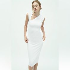 New With Tag Sleeveless Fitted Midi Dress With Asymmetric Neckline. White 5584/179 Outer Shell 88% Viscose 12% Elastane 370 Chic White One-shoulder Dress With Asymmetrical Hem, Modern One-shoulder Asymmetrical Dress For Spring, Modern One Shoulder Spring Dress, Modern Sleeveless Maxi Dress For Party, White Midi Dress With Asymmetrical Neckline For Summer, Modern Asymmetrical One Shoulder Dress, Modern Asymmetrical One-shoulder Dress, White One-shoulder Midi Dress For Spring, Modern One Shoulder Summer Dress