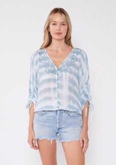 [Color: White/Teal] Breeze bohemian tie-dye teal blouse with embroidered details Affordable Boho, Bohemian Top, Ruched Sleeve, Bohemian Tops, Boho Blouse, Fitted Blouses, Embroidered Details, Tie Sleeve, Boho Blouses