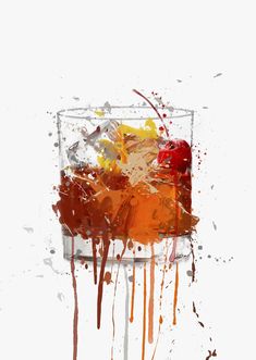 a painting of an orange and red drink in a glass with ice on the rim